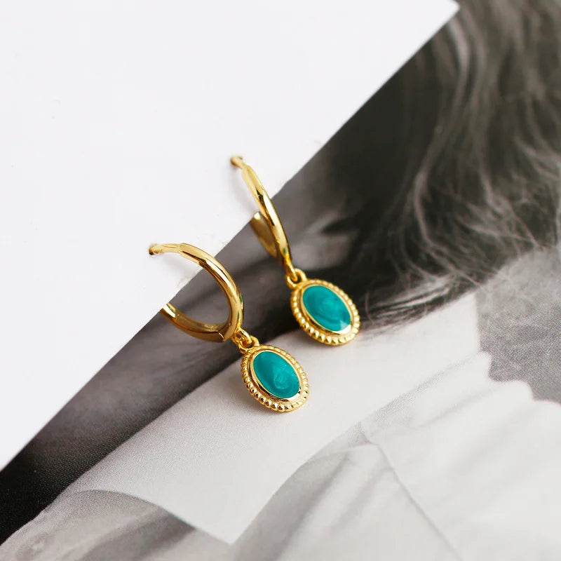Simple Zircon Round Hoop Earrings Starry Sky Green Enamel Dangle S925 Sterling Silver Earrings for Women