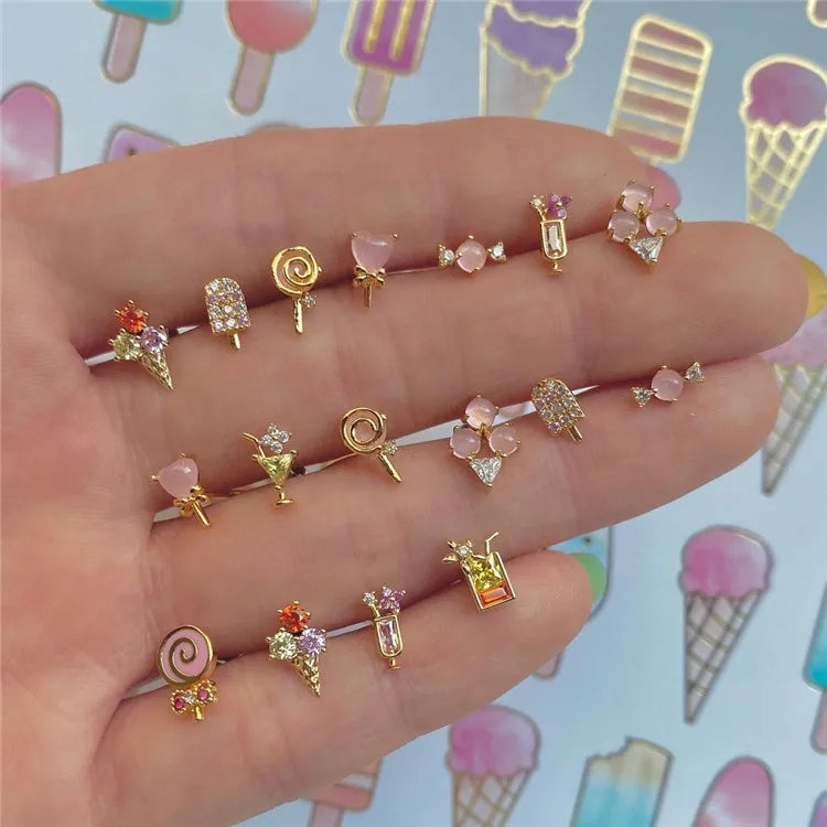 SP 2022 New Jewelry Cute Sweet Lollipop Ice Cream 18K Gold Crystal Stud Summer Earrings for Women