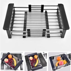 Kitchen Over the Sink Dish Drying Rack Stainless Steel Telescopic Drain Basket with Adjustable Armrest