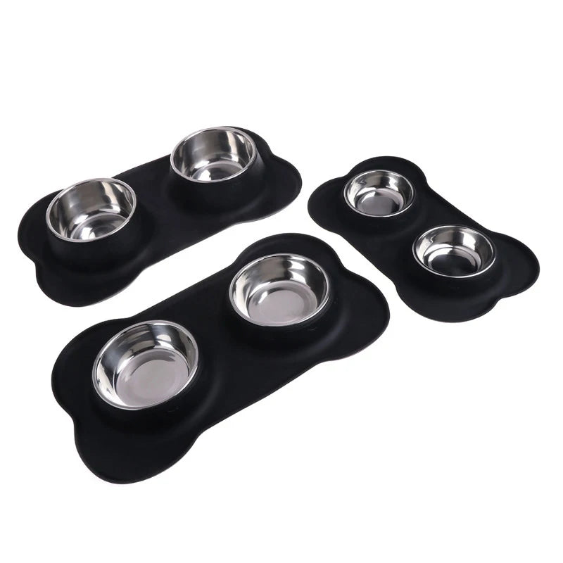 Ikitchen Eco-Friendly Metal Travel Dog Bowl Stainless Steel Dog Bowl Pet Cat Silicone Mat Non-slip Dog Double Bowl