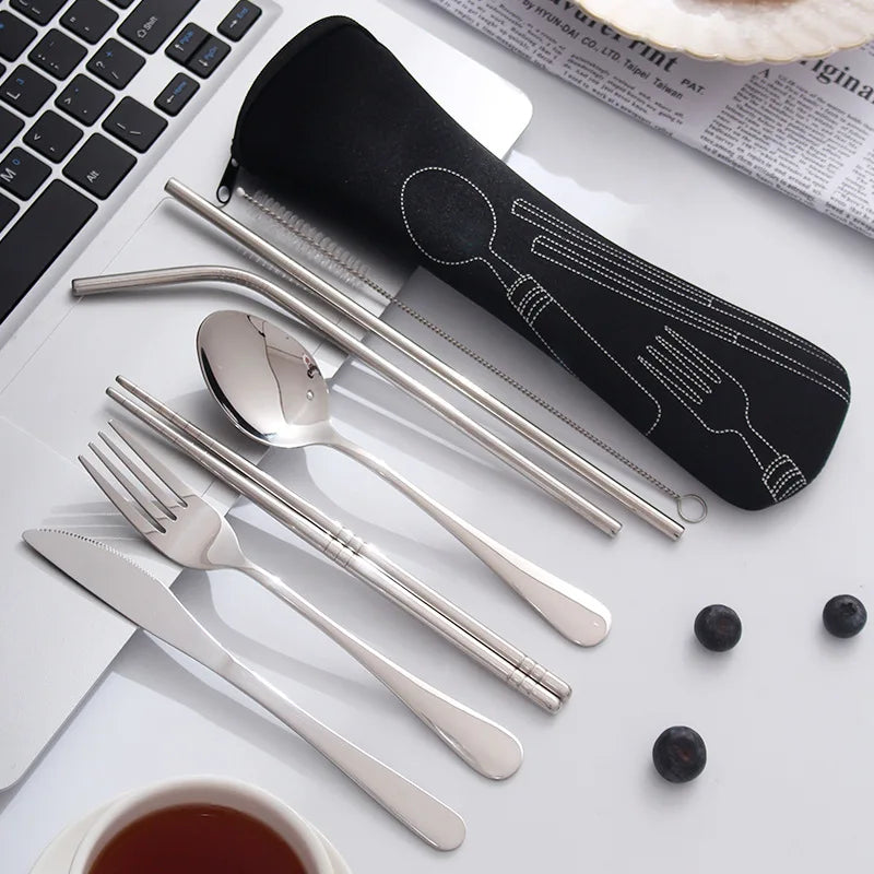Stainless Steel Reusable Flatware Utensil Metal Straw Portable Travel Cutlery Set With Bag