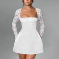 RNSHANGER Summer Lace Sleeve Dresses for Women New Long Sleeve Fashion a Line Party Dresses White Slim Fit Satin Dress