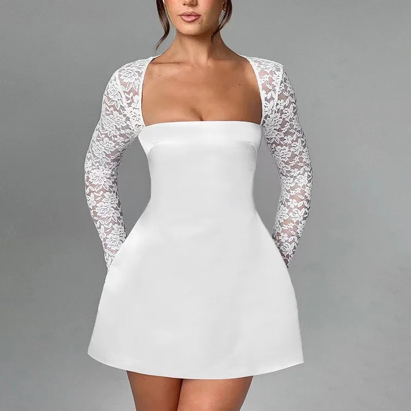 RNSHANGER Summer Lace Sleeve Dresses for Women New Long Sleeve Fashion a Line Party Dresses White Slim Fit Satin Dress