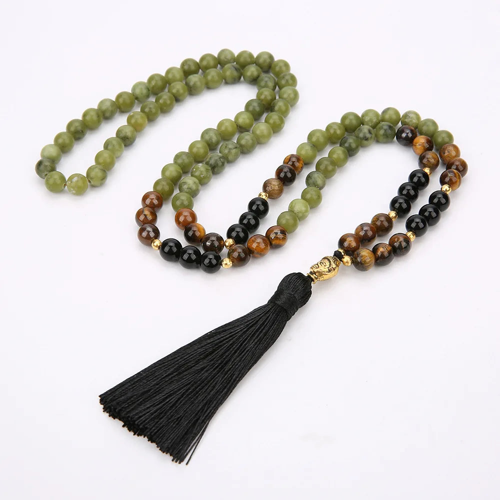 New Arrival 108 Beads Mala Natural Stone Tassel Necklace Agate Tiger Eye Prayer Beads Rosary