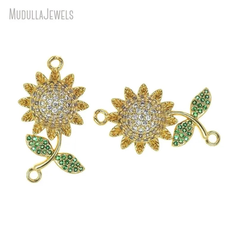Gold Plated Jewelry Cubic Zirconia CZ Sunflower Flower Croc Charm Pendant Connector DIY Findings Charms for Bracelet Necklace