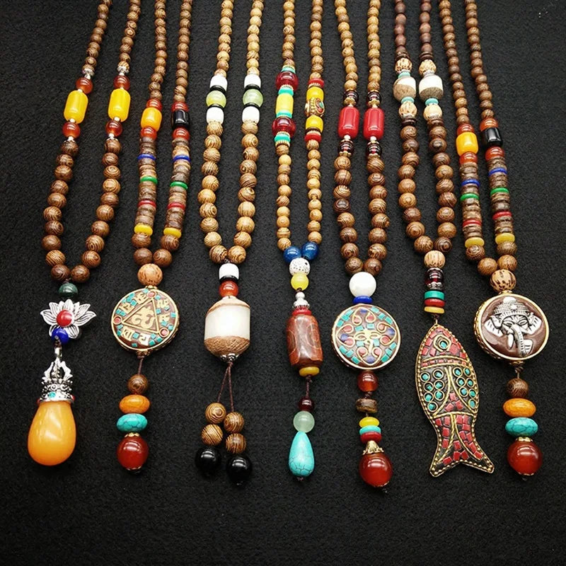 Handmade Retro Ethnic Buddhist Long Bead Chain Buddha Wood Beads Pendant Necklace