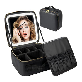 Custom PU Leather Large Capacity Travel Cosmetic Bag with Adjustable LED Light Mirror Portable Makeup Organizer