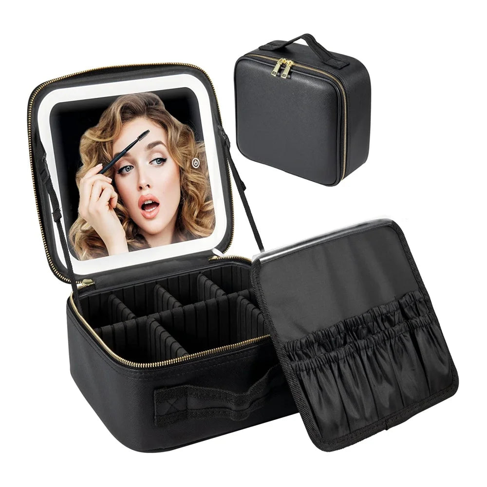 Custom PU Leather Large Capacity Travel Cosmetic Bag with Adjustable LED Light Mirror Portable Makeup Organizer