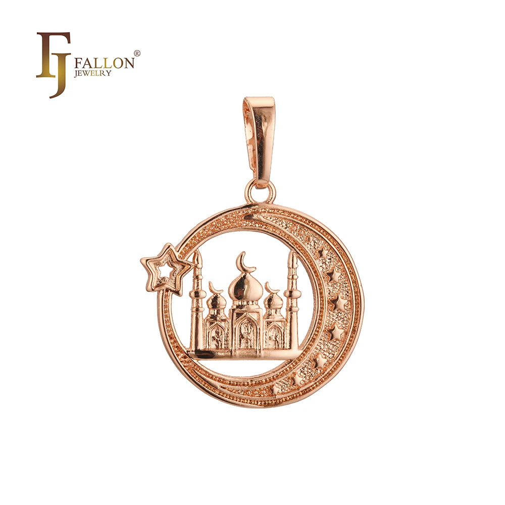 FJ Fallon Fashion Jewelry Islamic Pendant of the Moon and Temple Plated in Rose Gold Brass Based