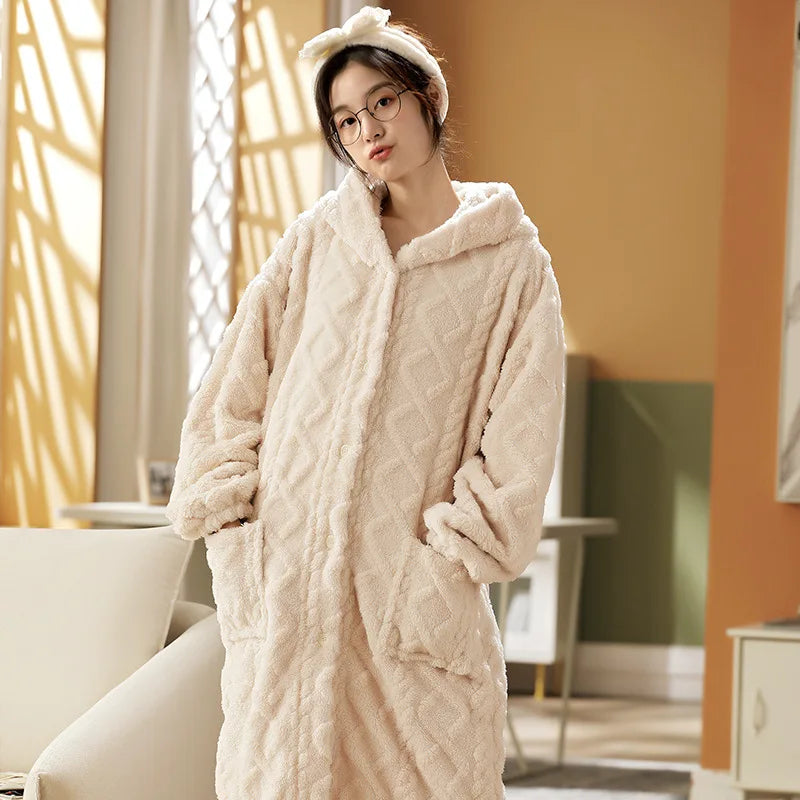 New Women's Wearable Pajamas Thickened Long Jacquard Coral Fleece Hooded Long Set in Flannel