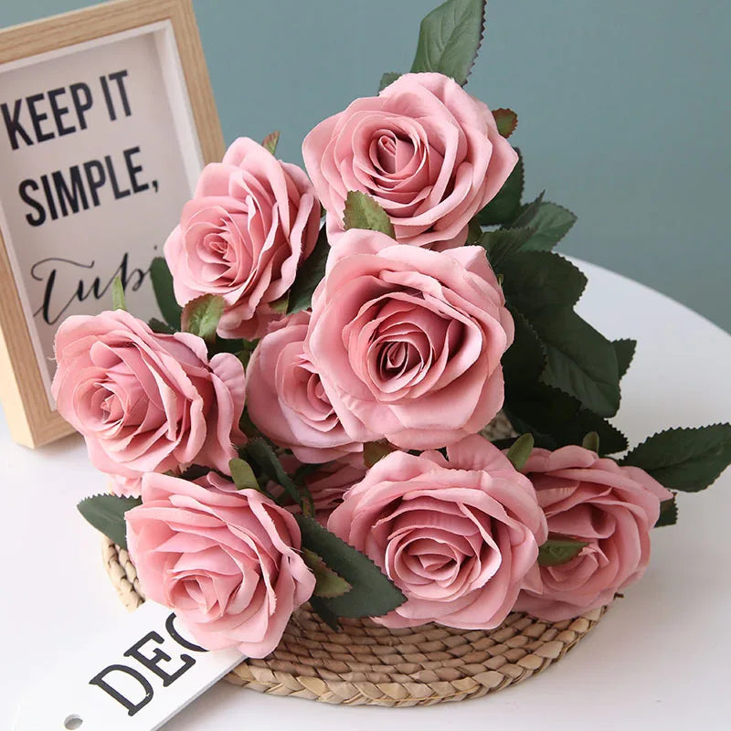 M-RB01 Hot Sale 10  Heads Wedding Decorations Artificial Silk Dusty Pink Rose Bouquet Flowers