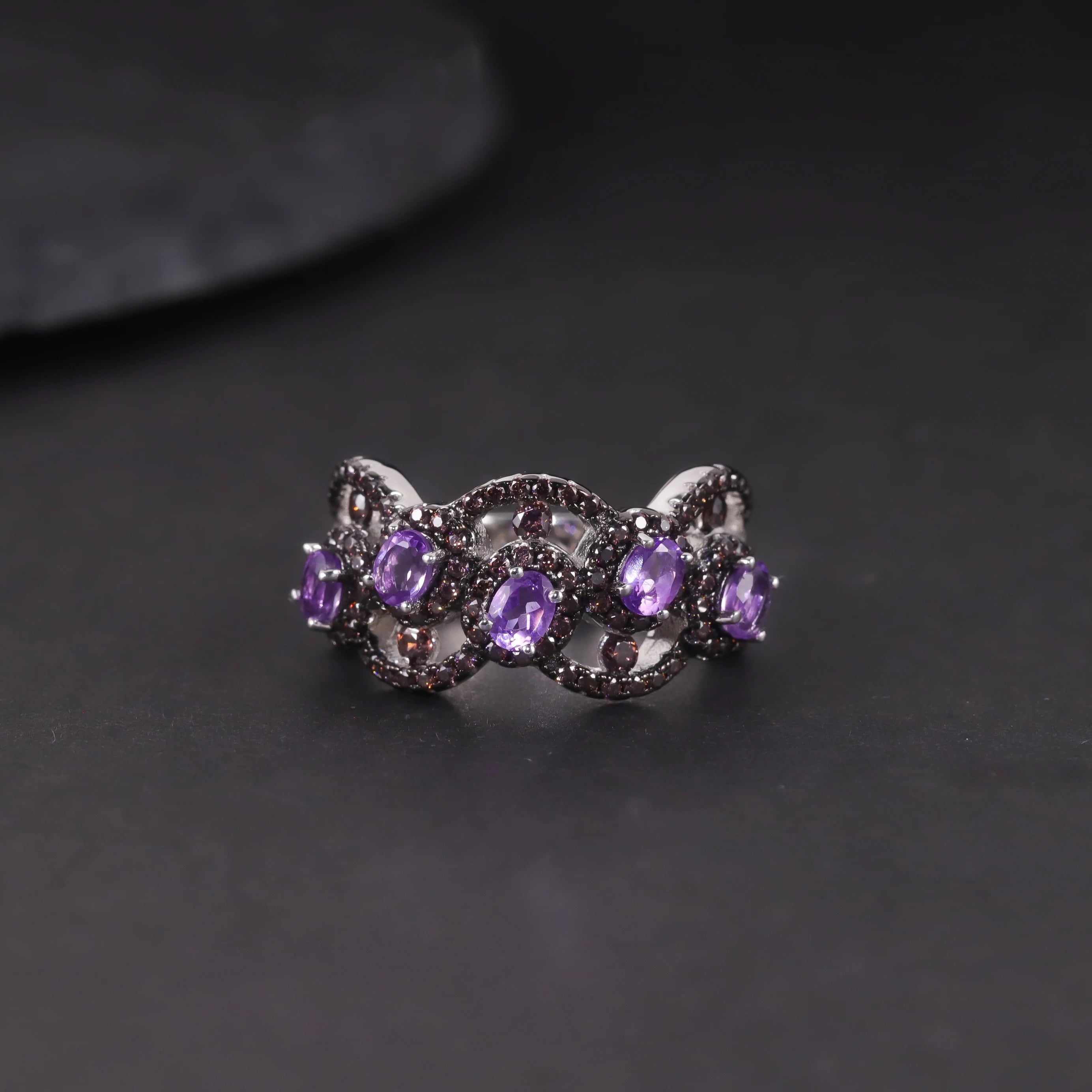 W0387 Abiding Sustainable Materials Jewelry Manufacture Natural Amethyst Gems 925 Sterling Silver Innovative Designs Ring