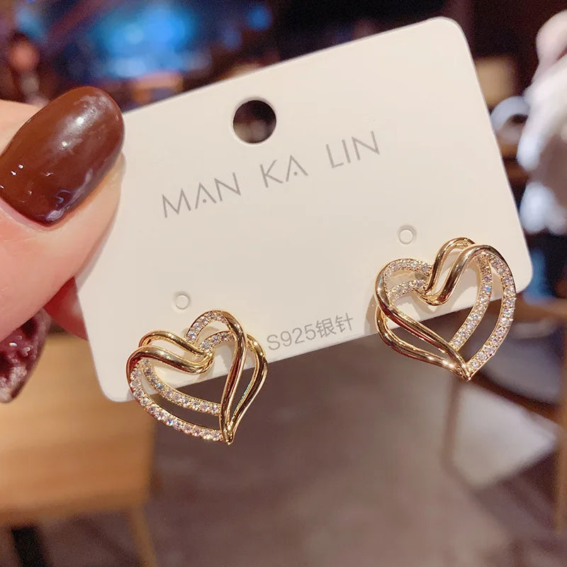 925 Silver Needle Pearl Light Luxury Micro-set Zircon Double Heart Stud Earrings Crystal Bling Full Rhinestone Crystal Earring