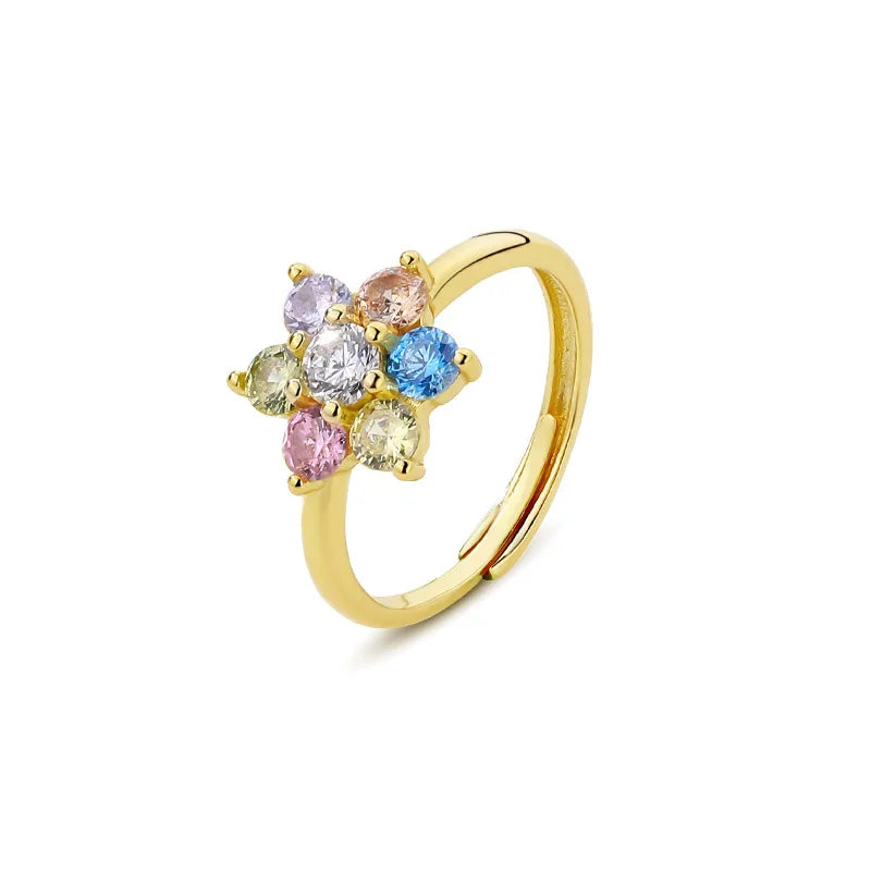 S925 Sterling Silver Plated Gold Japan and Korea Flower CZ Luxury Simple and Stylish Personality Rings for Girls Jewelry Women