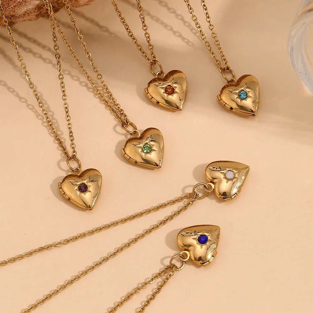 DAIHE Birth Stone Heart Jewelry Set Photo Box Pendant Necklace 18k Gold Plated Jewelry Stainless Steel Necklaces