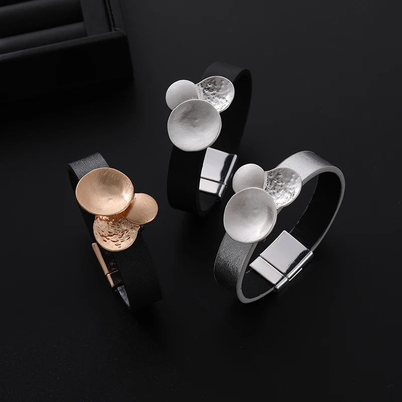 TongLing European Vintage Simple Magnet Bracelet Irregular Geometric PU Leather Bracelet for Daily Wearing