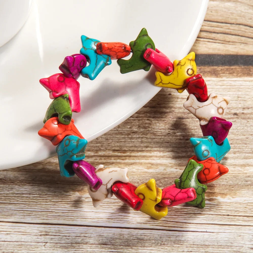 Spring/Summer New Fashionable Simple Bohemian Vacation Turquoise Colorful Dolphin Beaded Elastic Ocean Bracelet