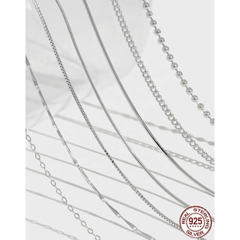 Dreamshow Dainty Basic S925 Sterling Silver Chain Necklace Set Box Seed Snake Cuban Chain Platinum Plated Silver Chain Necklaces