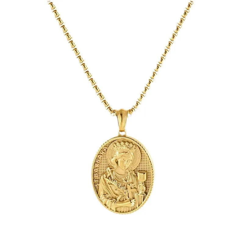 Hip Hop Stainless Steel Gold Plate Mother Cameo Design St. Barbara Medals Pendant Necklace Jewelry for Men 32x26mm