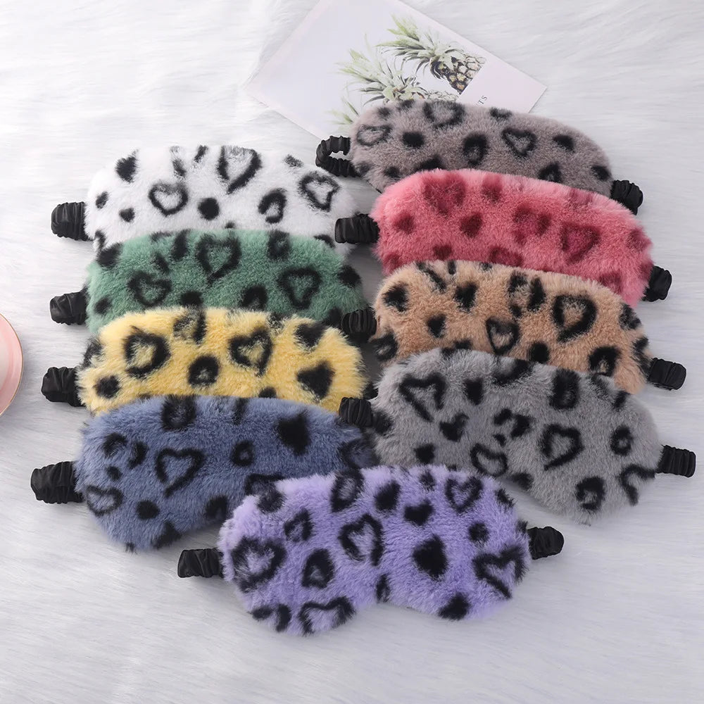 Wholesale Leopard Print Faux Fur Silk Plush Eye Cover Fluffy Soft Satin and Cotton Sleep Eye Mask for Sleep Travel Airline