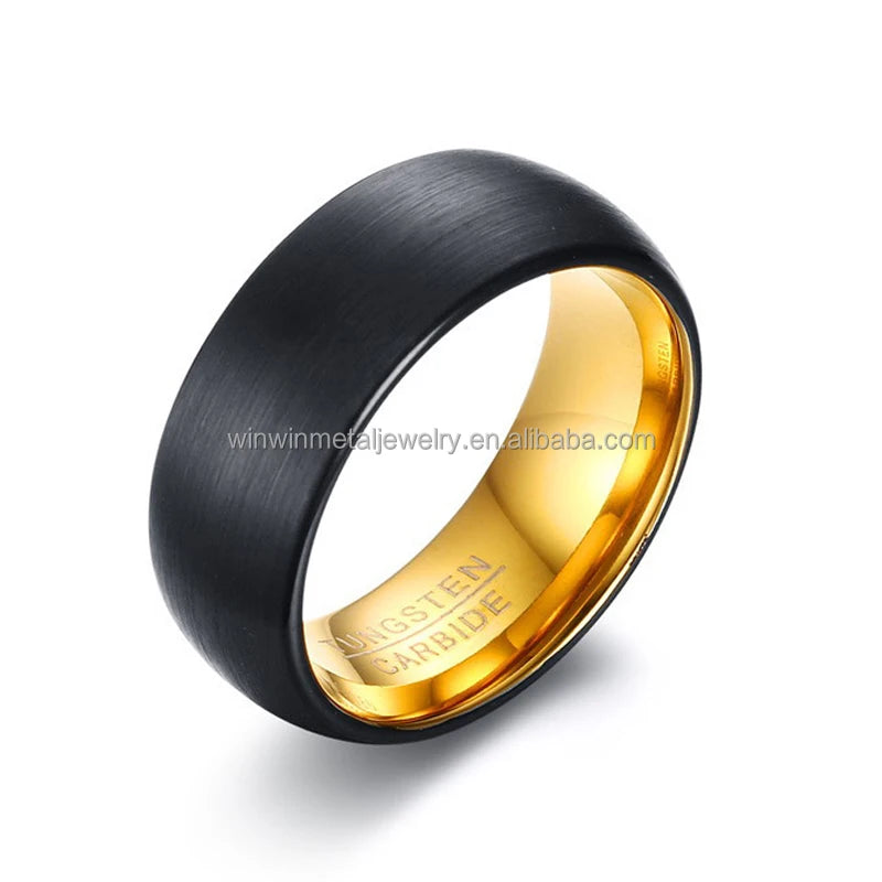 8mm Black Brushed Tungsten Wedding Band Vintage Engagement Ring with Gold Inner High Party/Anniversary Jewelry