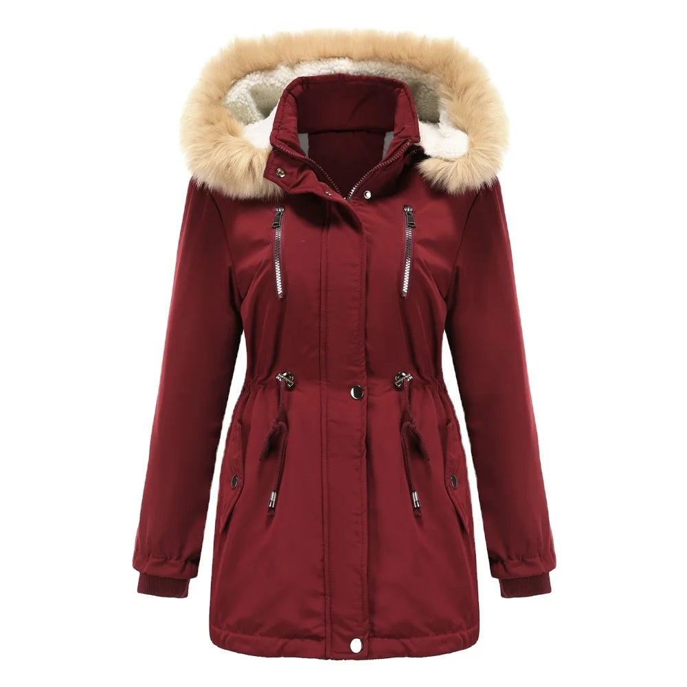 Luxury Ladies' Eco-Friendly Parka with Rich Faux Fur Hood Windbreak Multi-Pocket Zippers Rope Sustainable Women's Faux Fur Coats