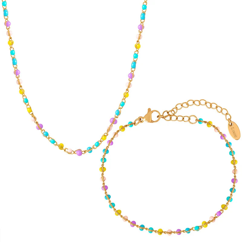 China Custom Fashion Trendy Colored Glaze Stainless Steel Gold Plated Jewelry Sets for Wedding Party Engagement