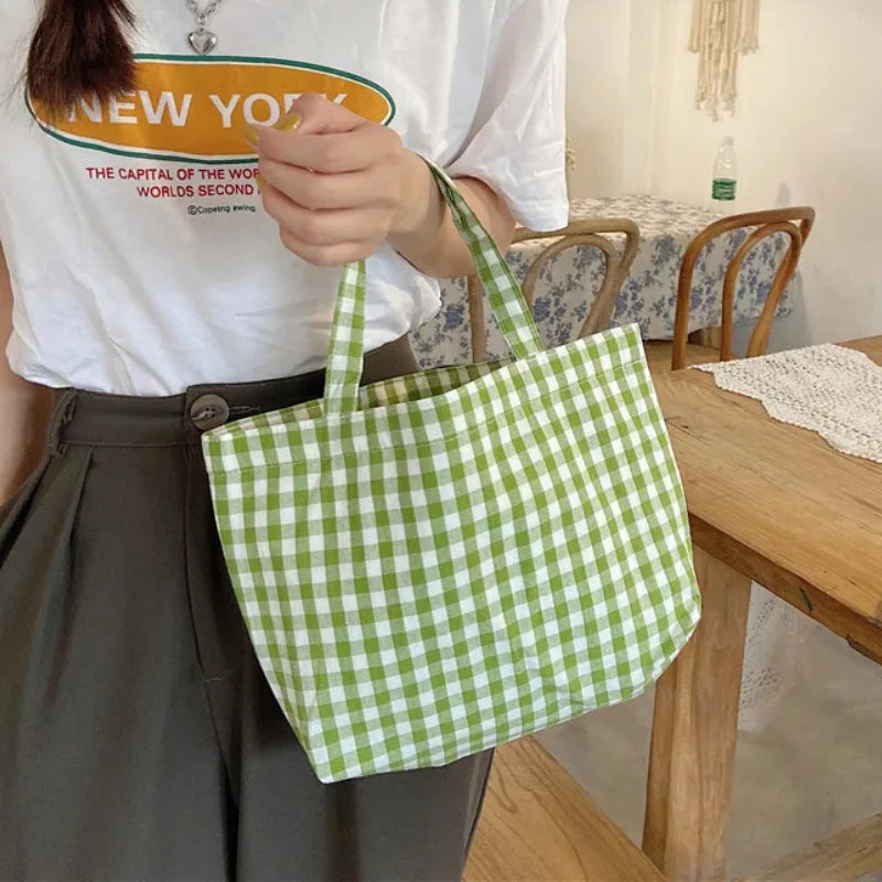 Portable Small Handbag for Women Retro Plaid Student Girl Mini Tote Shopping Shoulder Bags Cotton Linen Ladies Picnic Bento Bag