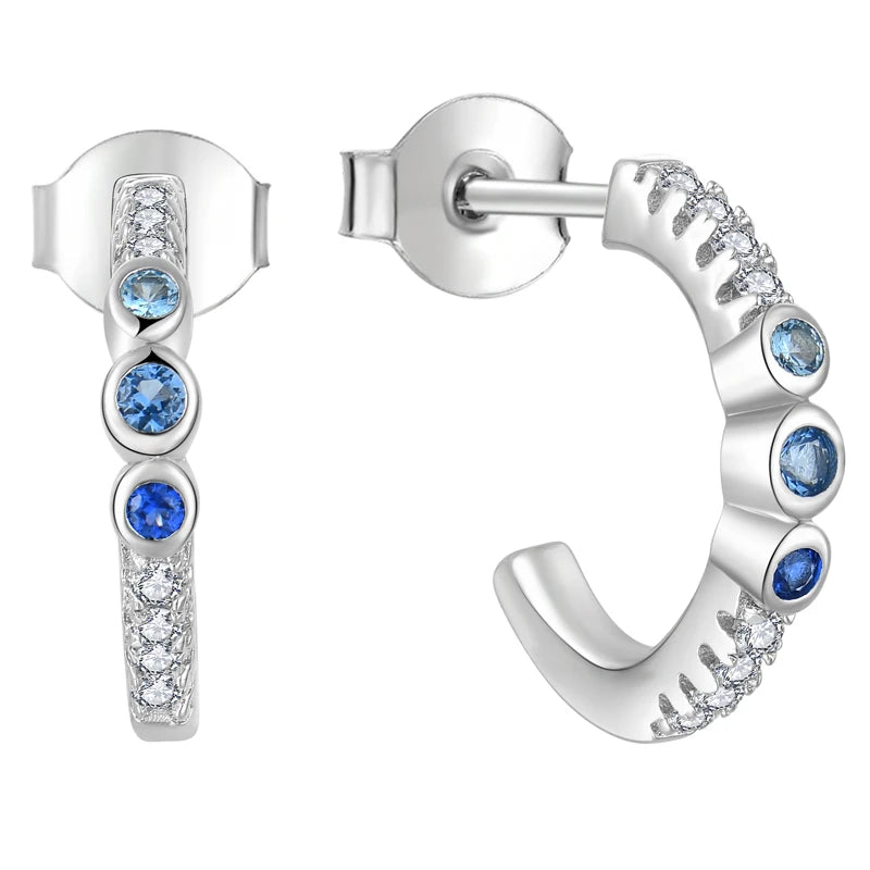 YILUN 925 Sterling Silver Blue Cubic Zirconia Huggie Hoop Earrings Hypoallergenic Jewelry with Rhodium Plating for Women's Gifts