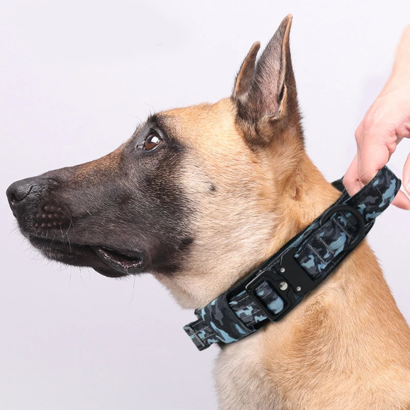 Adjustable Camouflage Tactical Dog Collar Quick Release Heavy Duty Aluminum Alloy Buckle & Handle Outdoor Training Nylon Collars