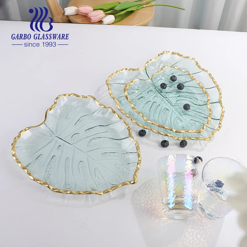 Nice Leaf Shape clear Glass Plate with Gold Antique Green Glass Charger Plates