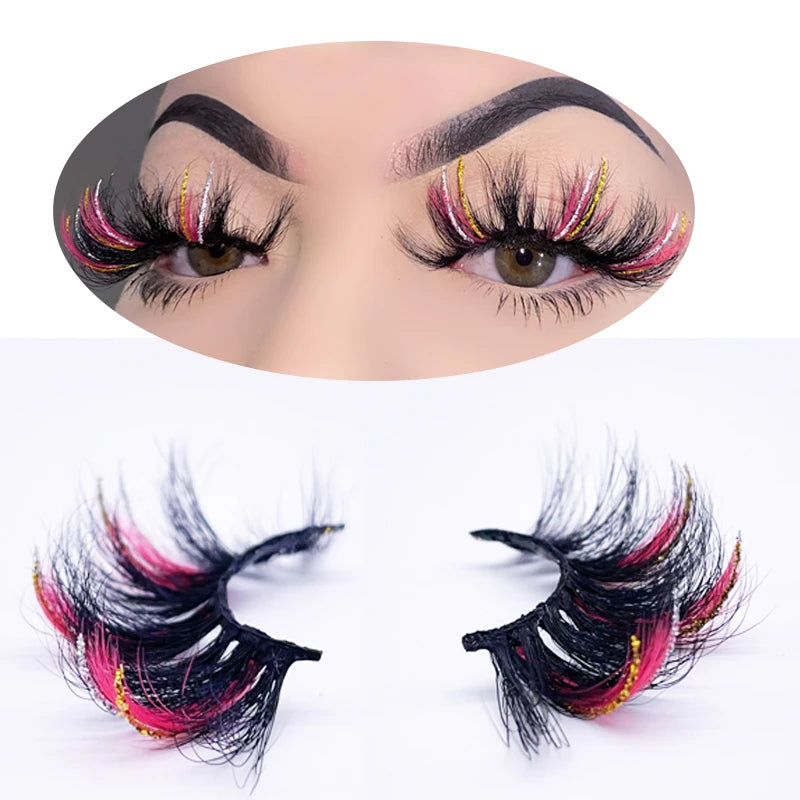 2022 Colorful Mink Eyelashes Wholesale Glitter Blue Colored Eyelash Strips 3d Natural 20-25mm Mink Lashes With Colorful Eyelash