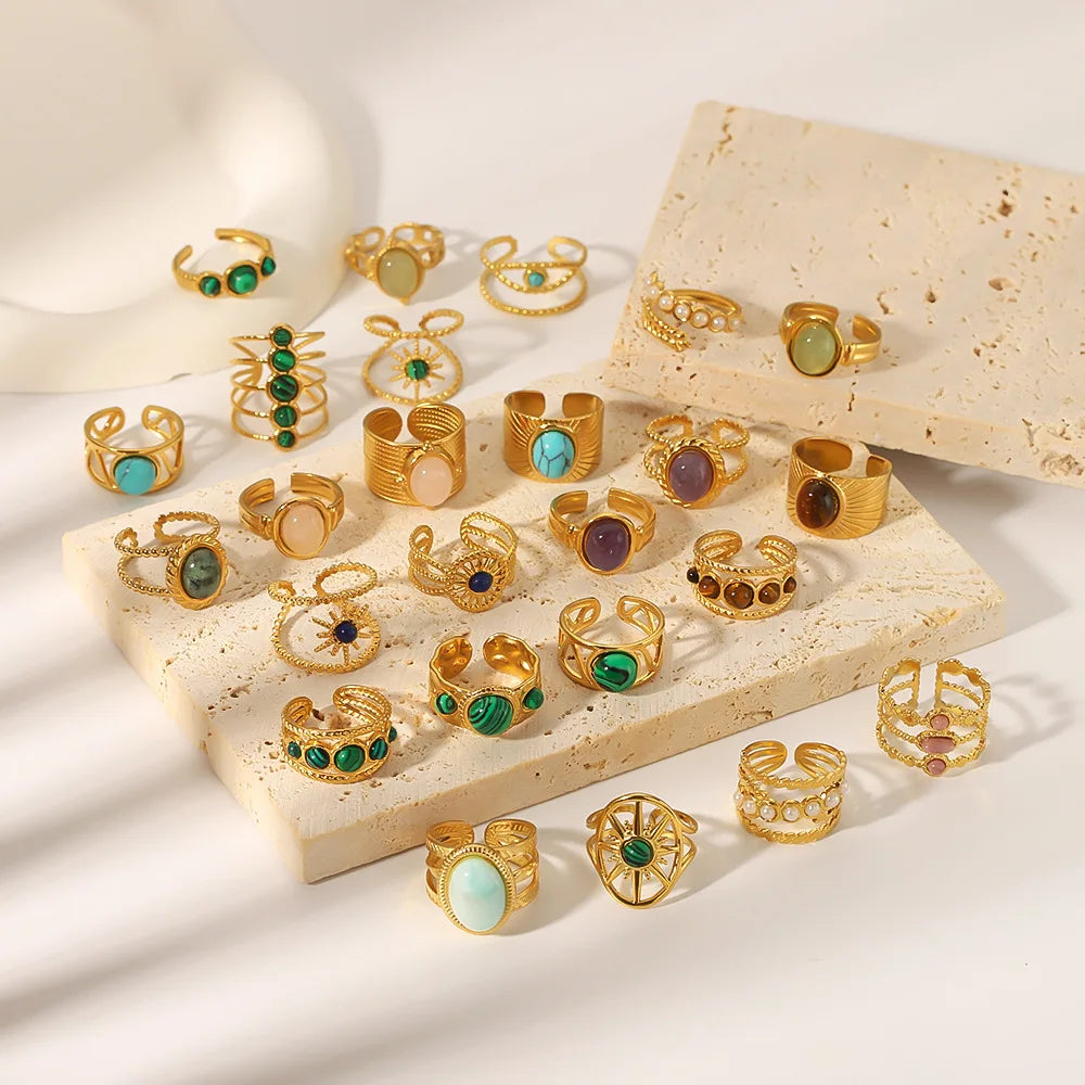 Round Geometric Emerald Stone Natural Stone Ring Adjustable Rings for Women Stainless Steel 18K Gold Plated Stack Ring