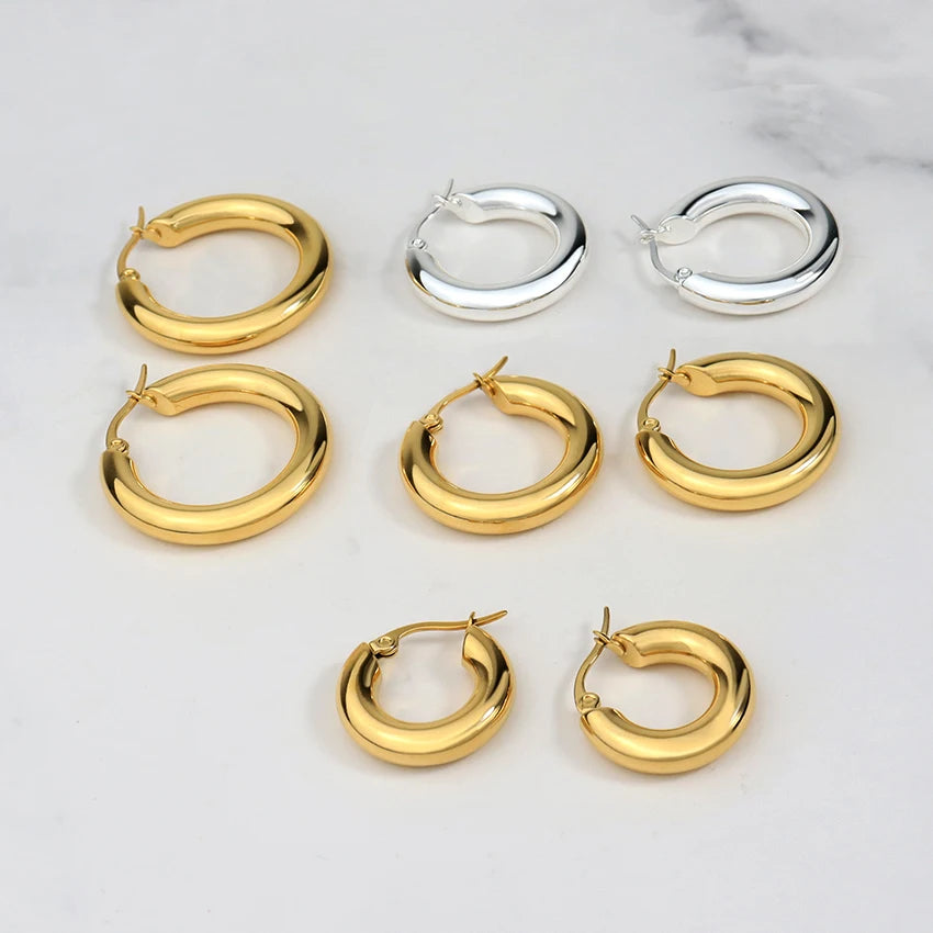 Costume Jewelry Earrings Thick Huggie Stacking Hoop Earrings Top Quality 20mm 25mm 35mm 18k Gold Plated Chunky Hoop Earrings