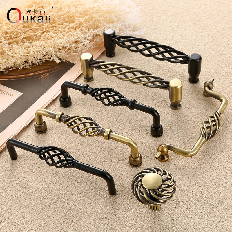 Oukali Metal Bronze Black Birdcage Shape Fashion Modern Furniture Handle Antique Cabinet Wardrobe Drawer Knobs and Handles