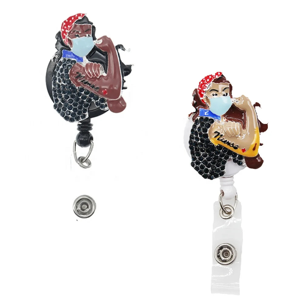Office Supply Black Nurse Magic Retractable Rhinestone ID Badge Card Holder Reel For Nurse Accessories
