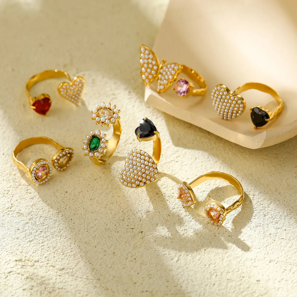 Fashion Women's Stainless Steel Wedding Ring for Lover Open 18K Gold Pearl Ring Tarnish Free Waterproof Jewellery