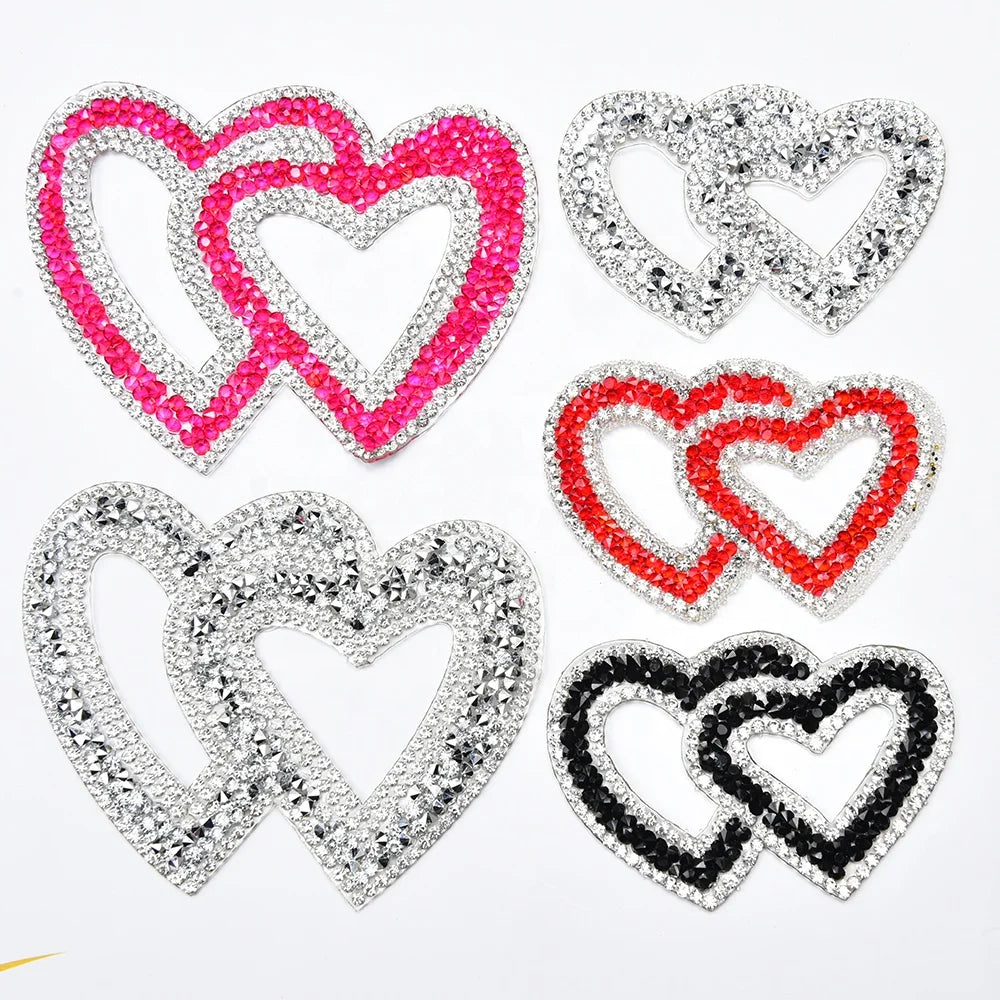 Colored Resin Double Heart Rhinestone Motifs Applique Iron on Strass Clothing Shoes Bags Hot Fix Crystal Patches