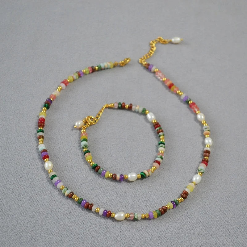 DEYIN Wholesale Simple Brass Natural Stone Pearl Beaded Bracelet Necklace Set Bohemia Style Beaded Jewelry Set for Lady Gift