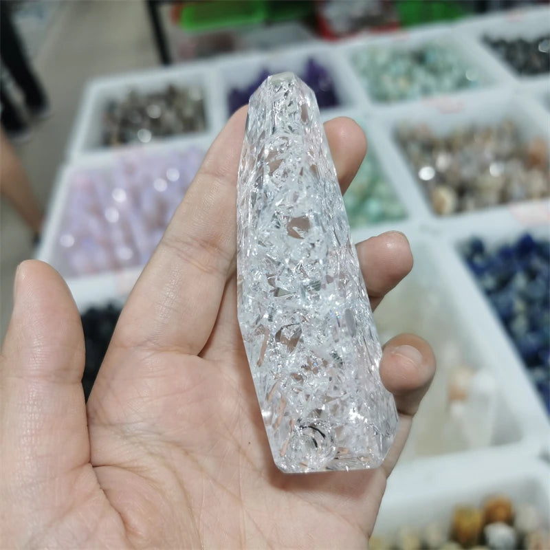Cracked Crystal Free Form Polished Shiny Aura Clear Quartz Polyhedral Rainbow Chunk Stone