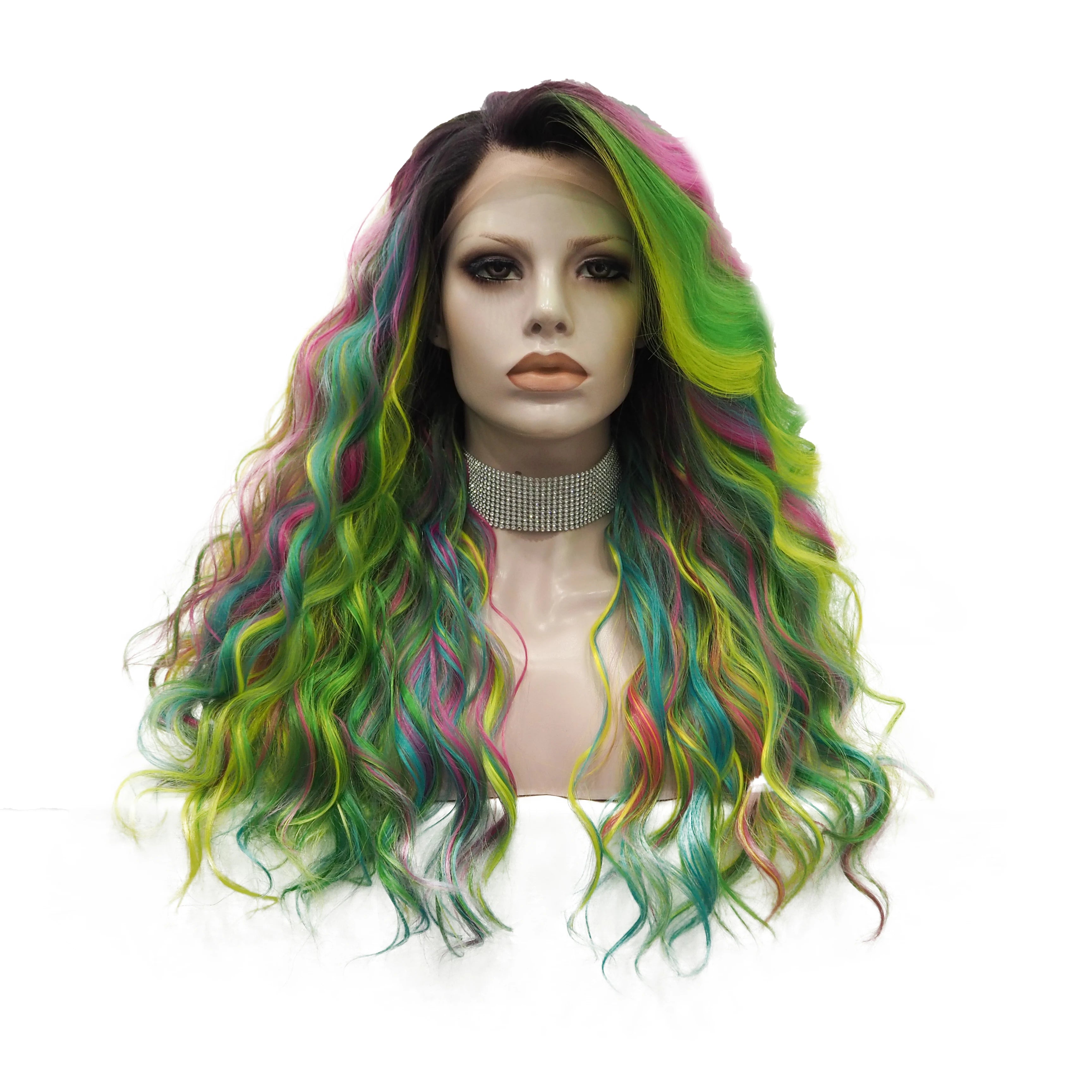 Celebrity 22inch  Dyed Highlights Curly Wig Cosplay Premium Synthetic Wigs Futura Heat Resistant Synthetic Hair Wig
