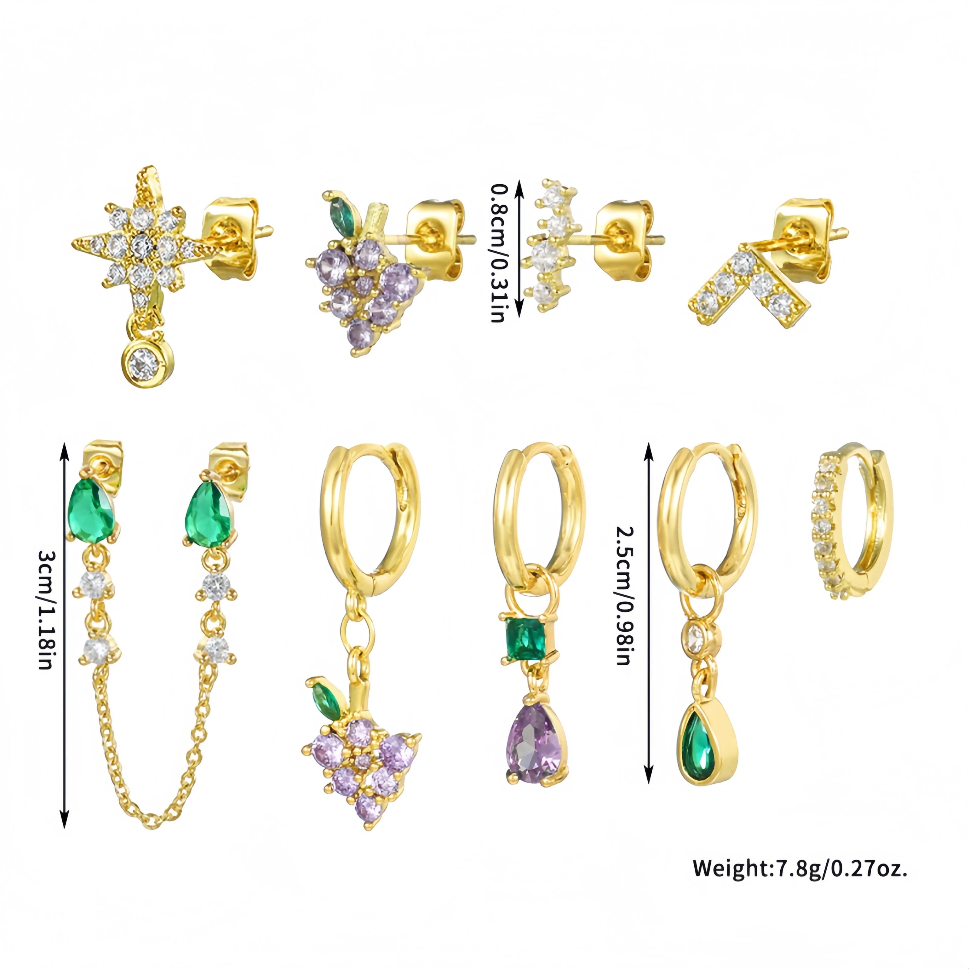 9Pcs Playful 3A Zircon Earrings S925 Silver for Bold Fashion Party Jewelry Set