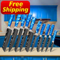 Free Shipping Best Choice Sapphire Blue Resin Handle Damascus Steel Kitchen Knives Set for Home Restaurant