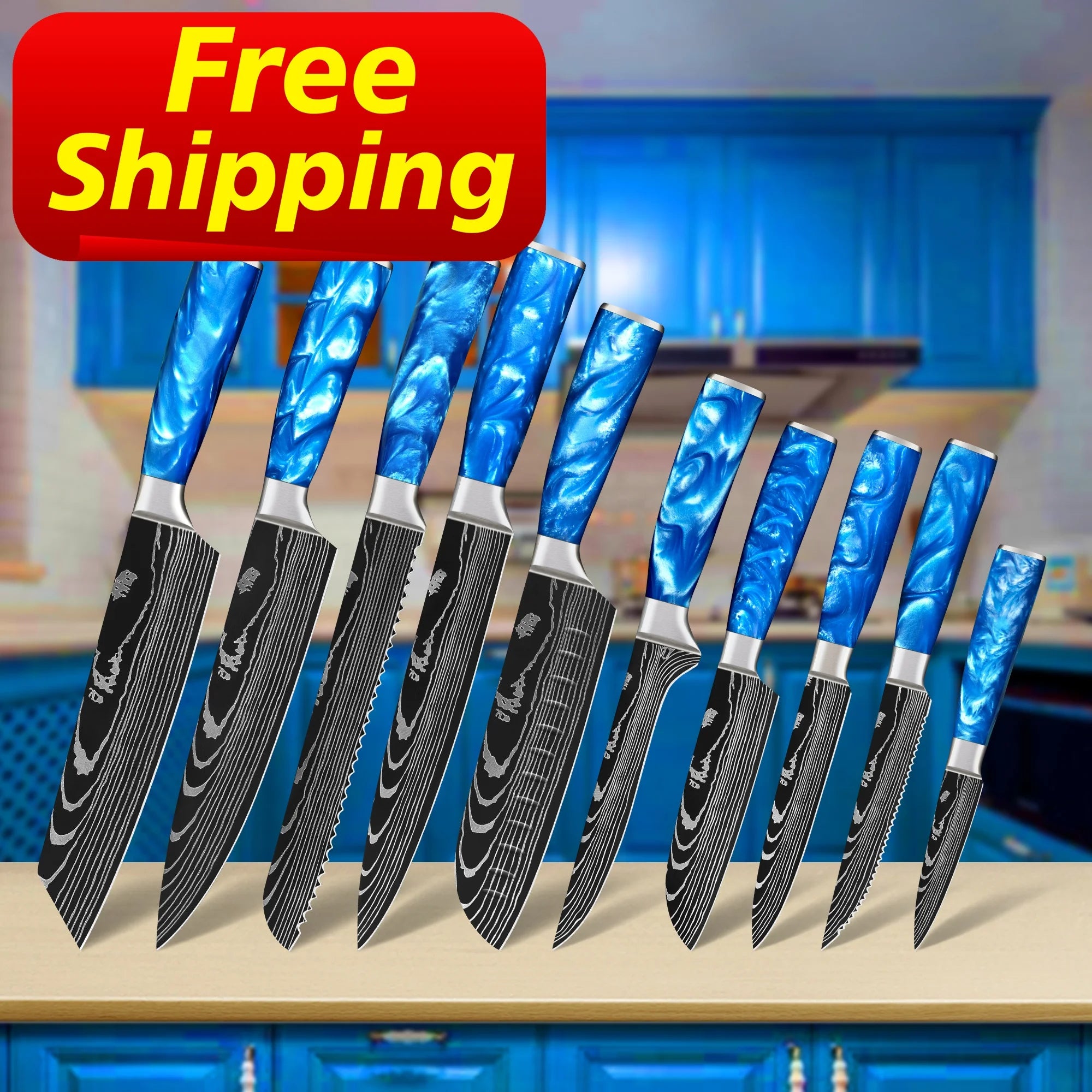 Free Shipping Best Choice Sapphire Blue Resin Handle Damascus Steel Kitchen Knives Set for Home Restaurant