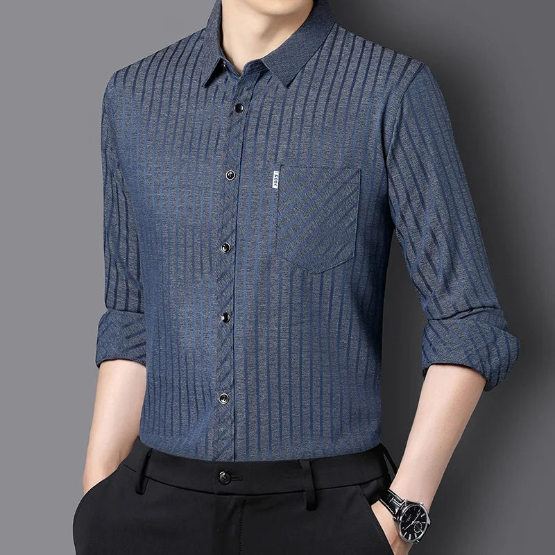 RNSHANGER Spring Long-Sleeved Men's Shirt Casual Vertical Stripes Slim Business Shirts Fashionable and Elegant Shirt with Pocket