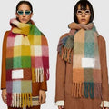 Fashion Wholesale Large Oversize Plaid Fluffy Winter Scarf Cape Acrylic Oblong Chunky With Tassel Fringe Scarf for Women