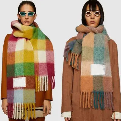 Fashion Wholesale Large Oversize Plaid Fluffy Winter Scarf Cape Acrylic Oblong Chunky With Tassel Fringe Scarf for Women