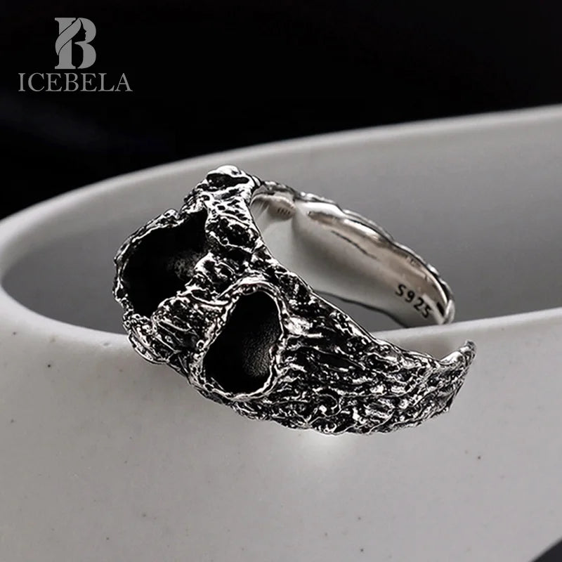 ICEBELA Jewelry Niche Corrosive Texture Vintage Ring for Women S925 Sterling Silver Gem Rock Open Finger Ring