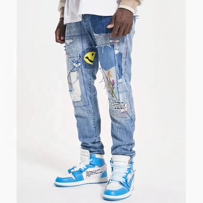 OEM FOG Private Blue Fashion Brand Drop Shipping Stock Ripped Embroidery Patches Jeans