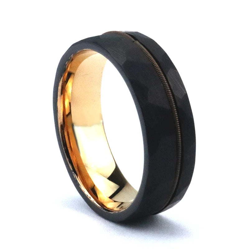 Poya 8mm Black Rose Gold Hammered Tungsten Ring With Guitar String